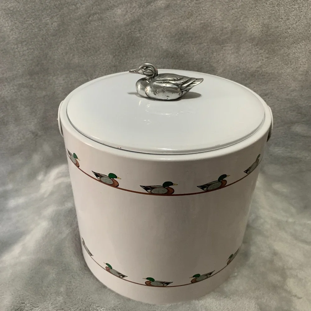 Georges Briard Vintage Mallard Duck Ice Bucket White Silver Finial Barware MCM